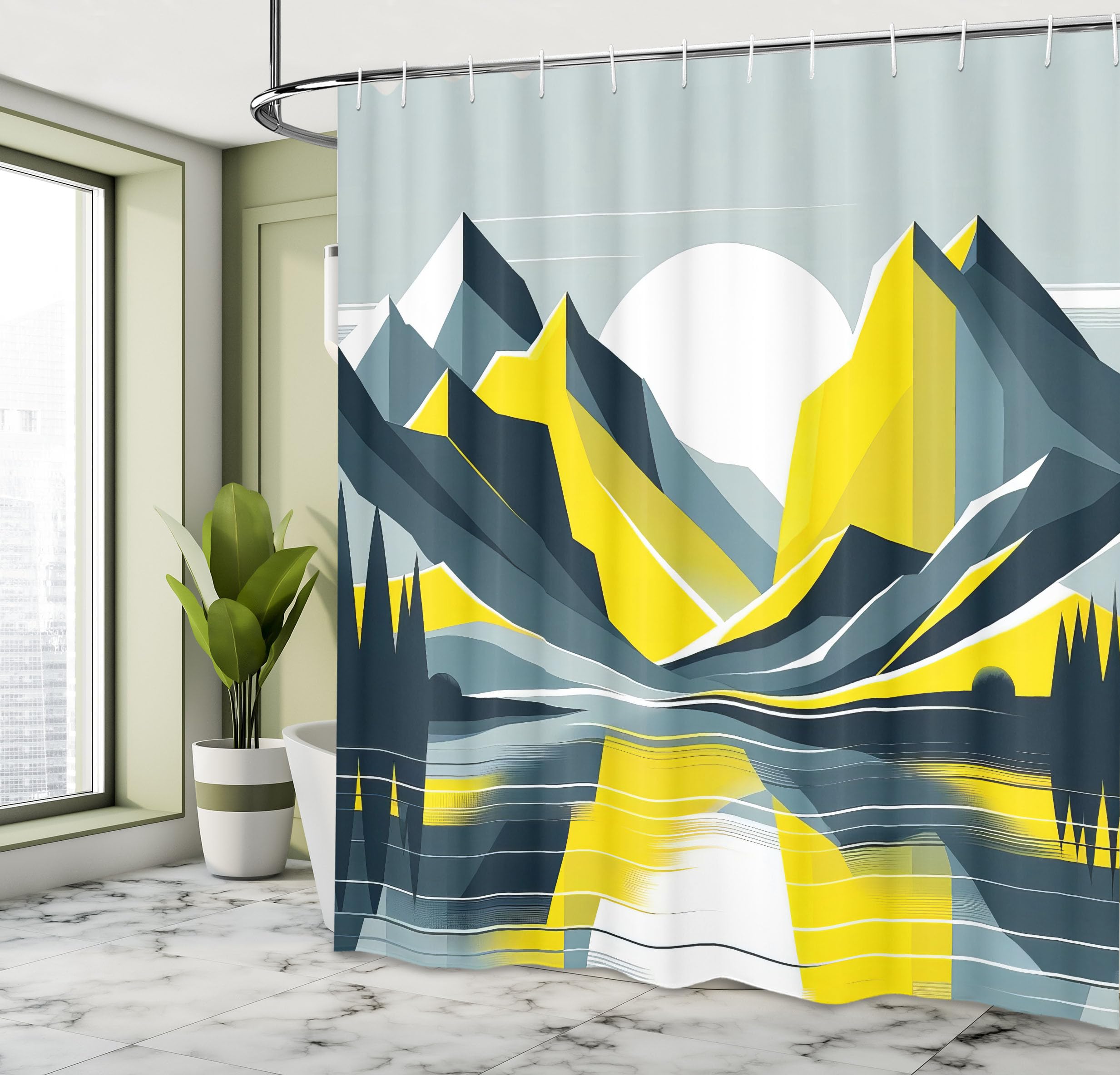 Ambesonne Lake Shower Curtain, Mid Century Modern Boho Art Of Sunrise Scenery With Minimalist Mountains, Cloth Fabric Bathroom D